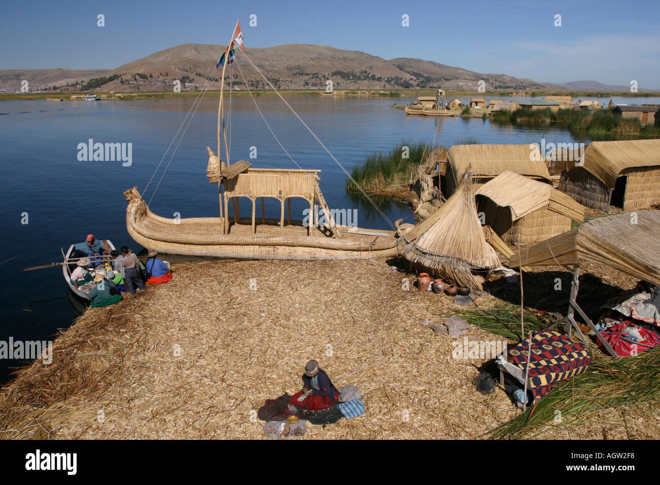 Isla Flotantes floating reed slands on Lake Titicaca near Puno Peru ...