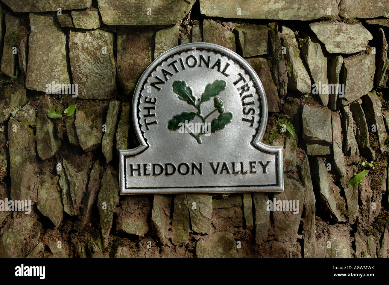 A National Trust Heddon Valley sign on a stone wall, Exmoor, Devon. Stock Photo