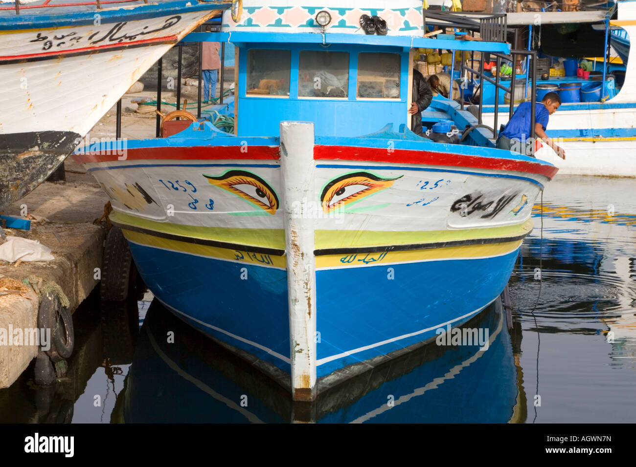 Tripoli, Libya. Fishing Boat, Tripoli Harbor, with Eye of Horus, a Protective Talisman on the boat. Stock Photo
