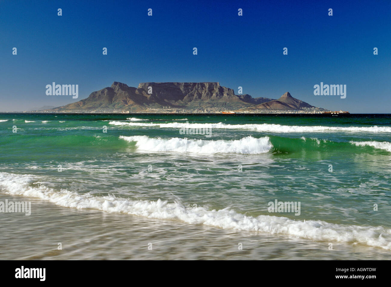 Table mountain seen across Table Bay from Blouberg beach in Cape Town South Africa. Stock Photo