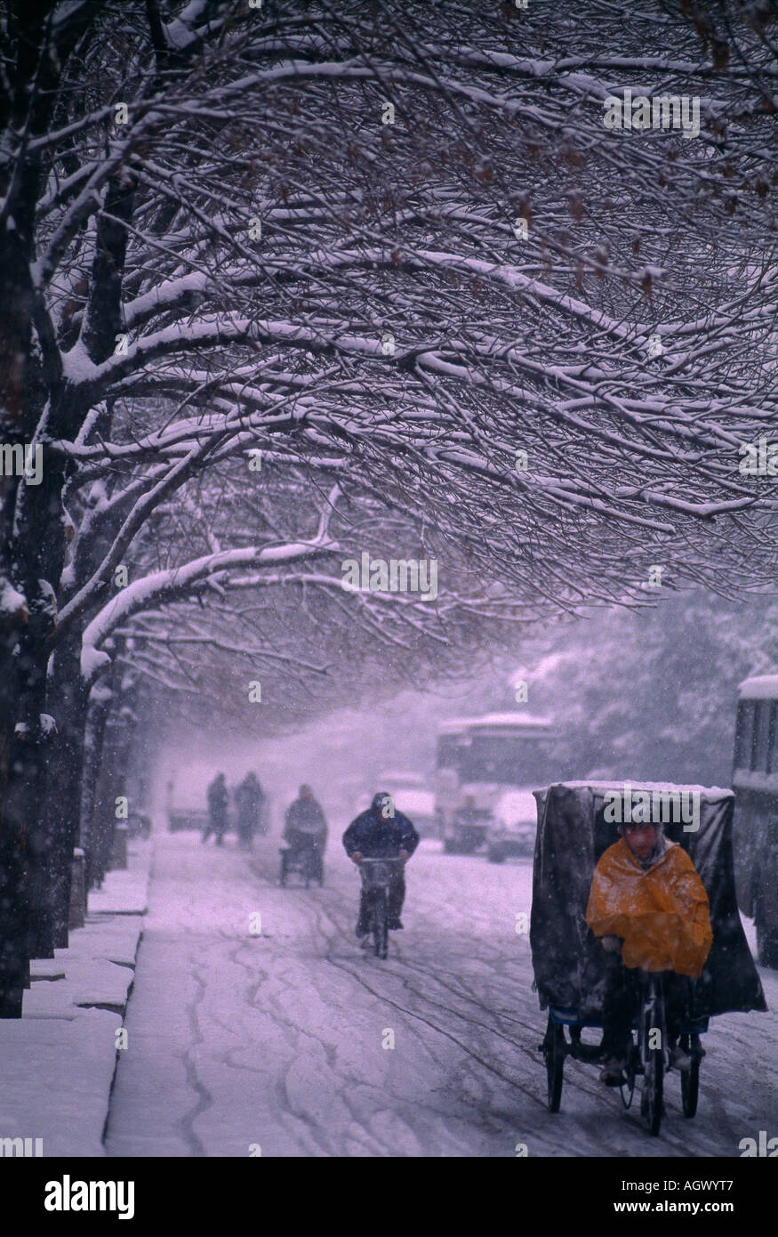 bicycles and rickshaws in winter in heavy snowfall street scene Beijing China Stock Photo