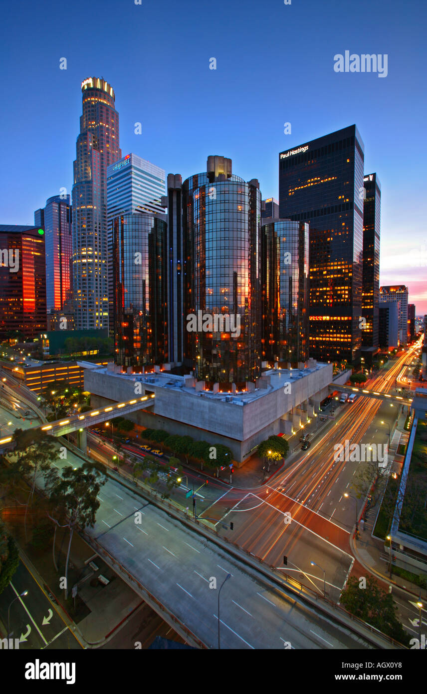 Downtown Los Angeles Skyline At Dusk, Los Angeles, Los Angeles County, California, United States, USA Stock Photo