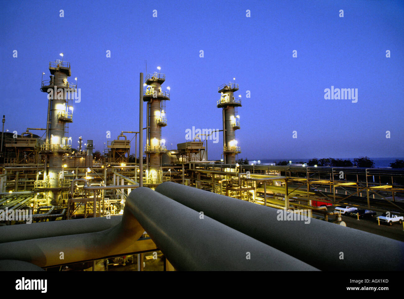 Night photo of Gaviota Oil and Gas Plant in Goleta California Stock