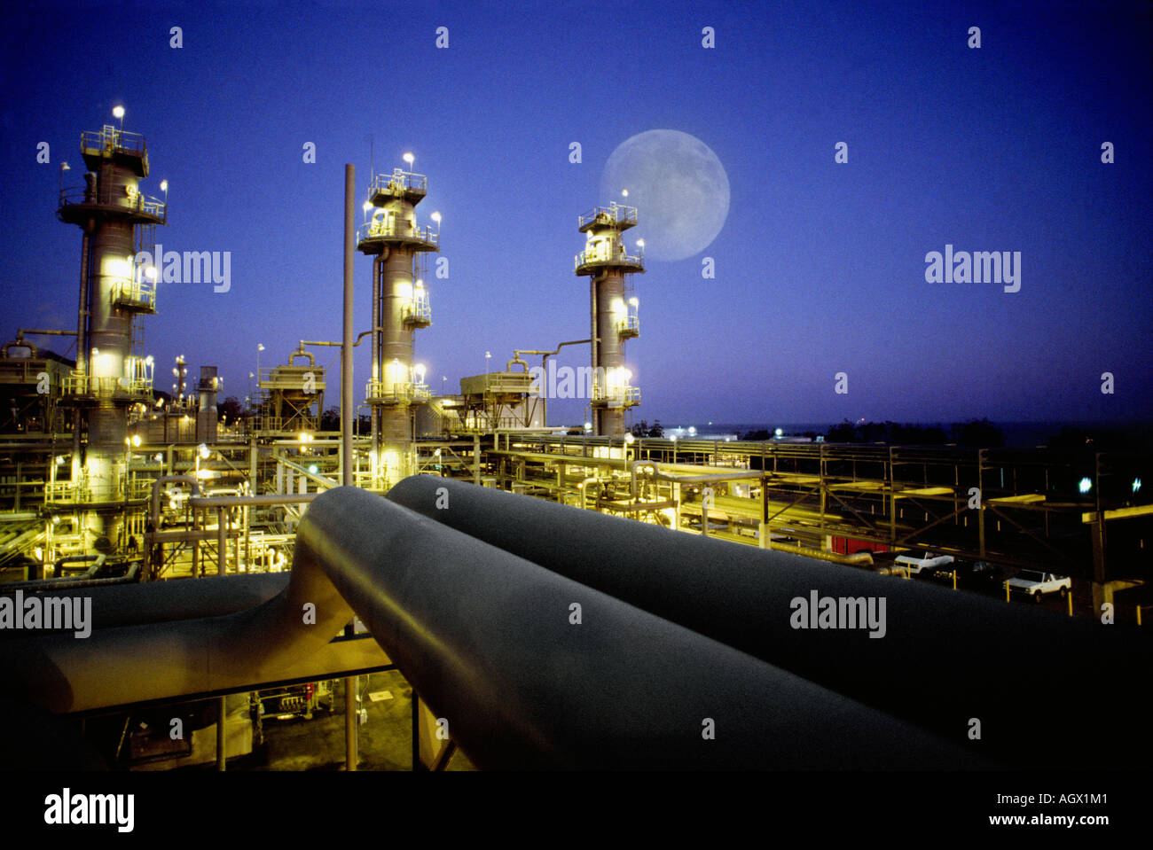 Night photo with moon rise over Gaviota Oil and Gas Plant in Goleta