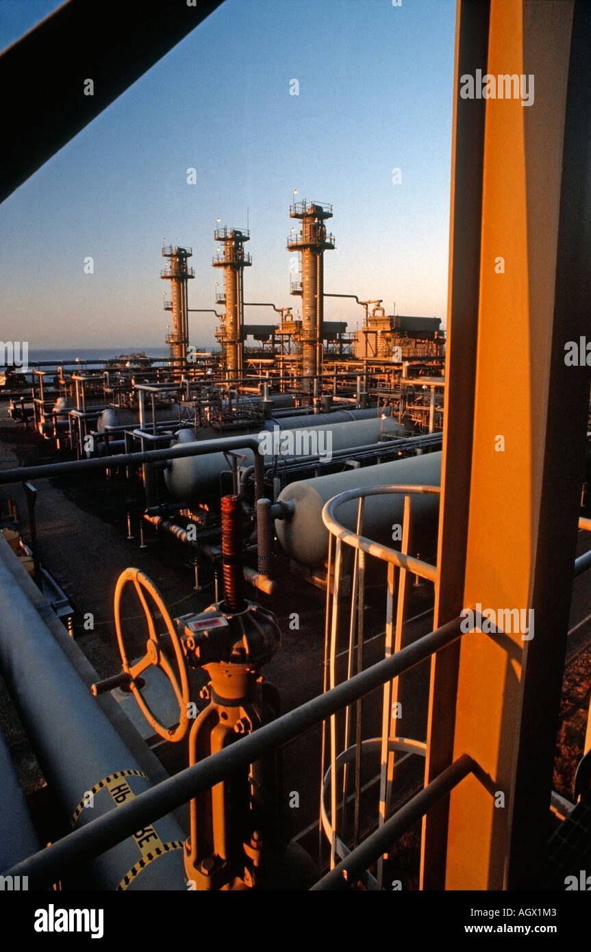 Sunset photo of Gaviota Oil and Gas Plant in Goleta California Stock