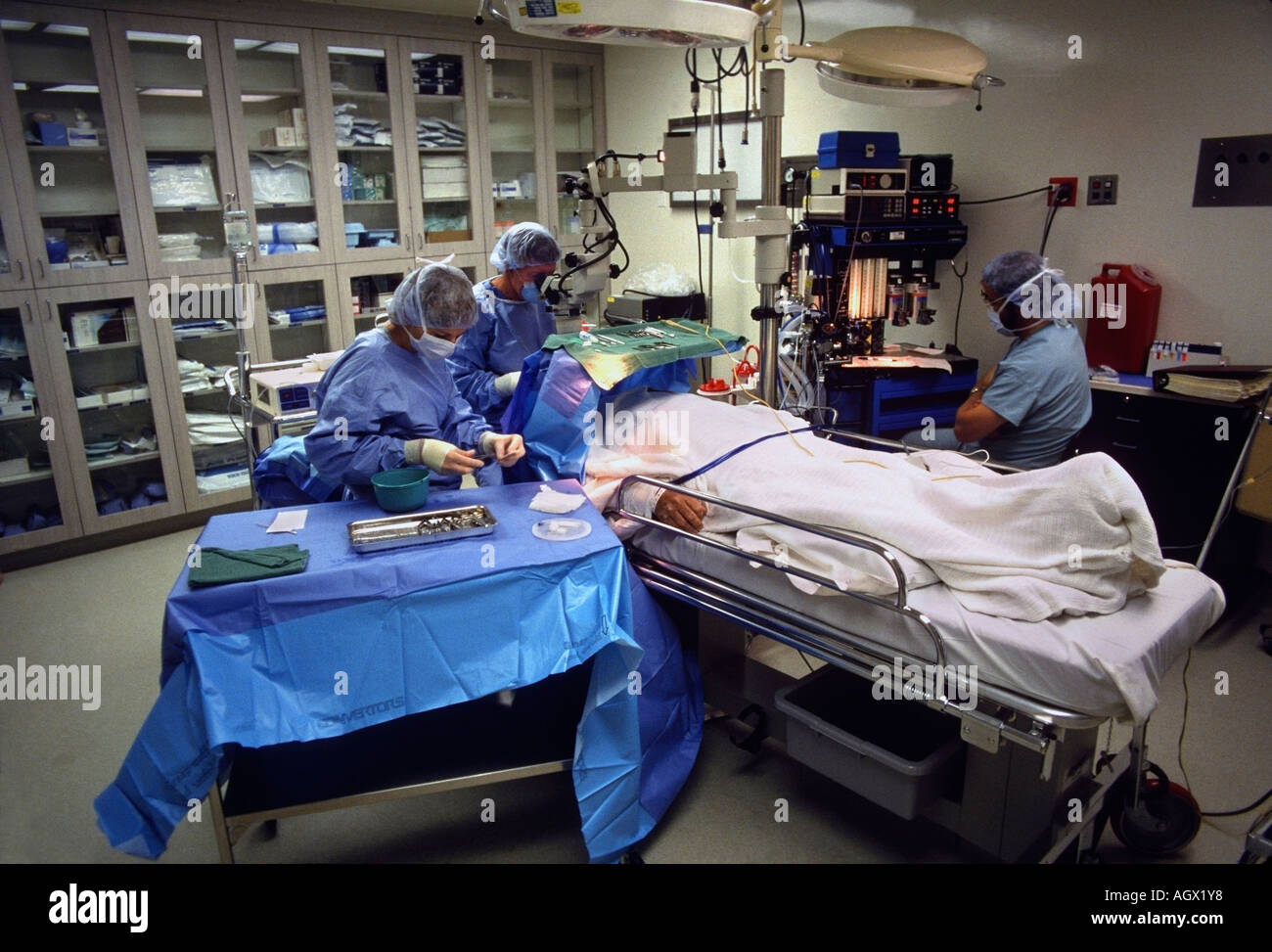 Eye surgery operation in an operating room at a hospital and out