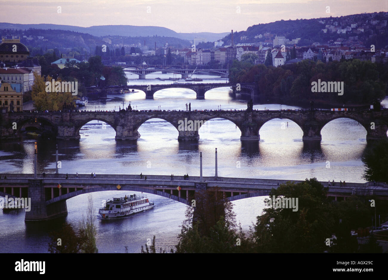 Bridges across the Vltava River from the Hanavsky Pavilion, Prague, Czech Republic. Stock Photo
