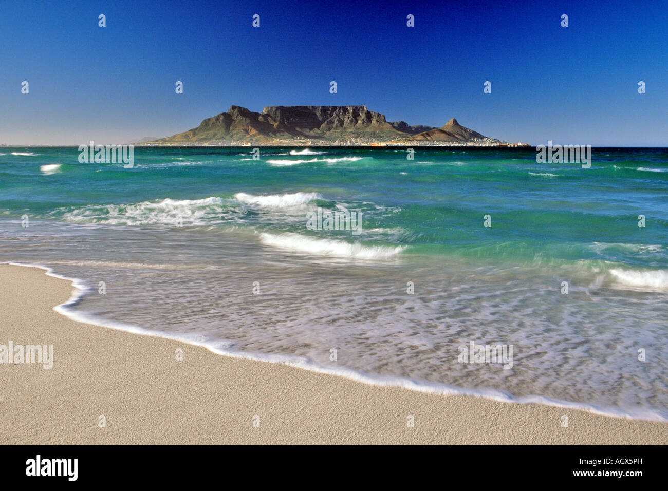 Table mountain seen across Table Bay from Blouberg beach in Cape Town South Africa. Stock Photo