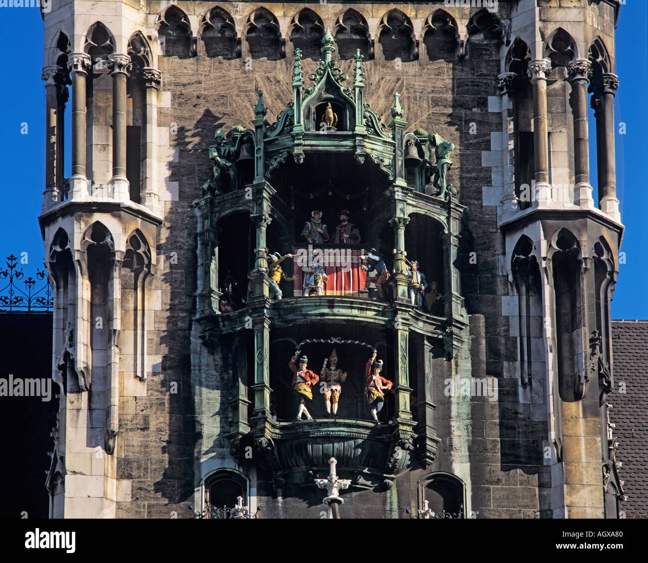 Glockenspiel in the tower of the New City Hall Munich Germany Stock