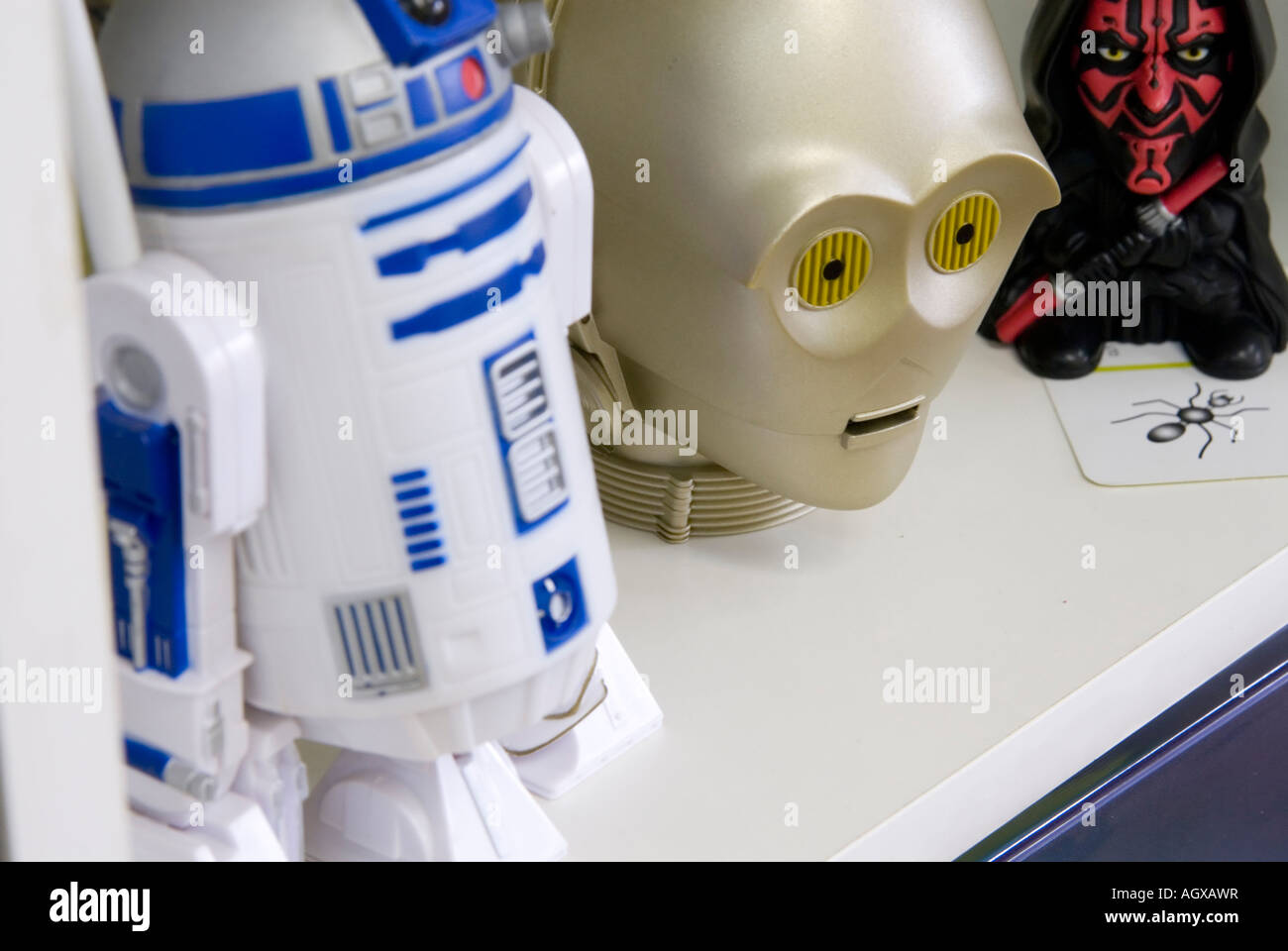 3 Star wars dolls R2 D2 C 3PO and Darth Maul Stock Photo