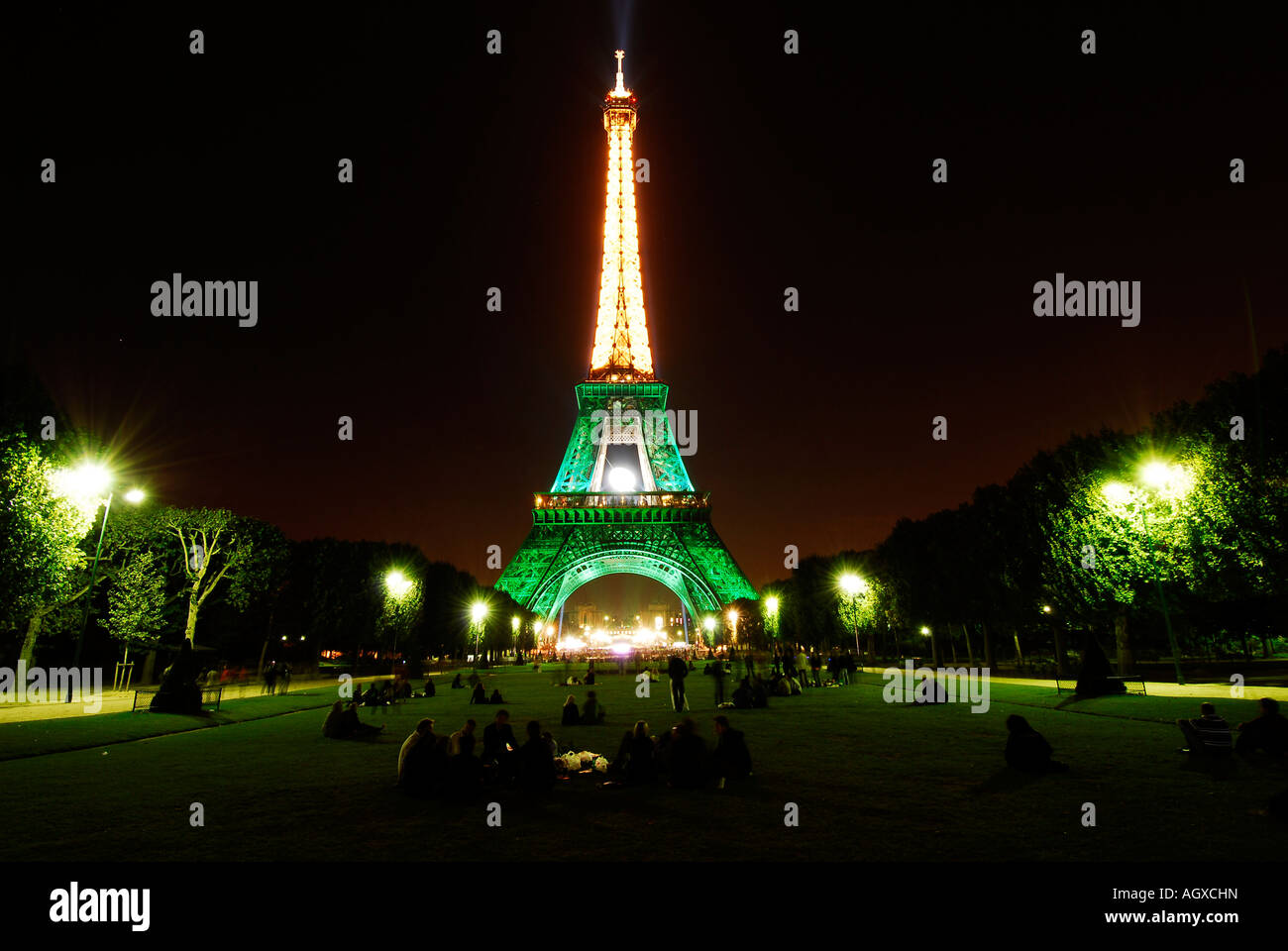 Eifel Tower Paris in green light color during the Rugby world cup 2007 Stock Photo