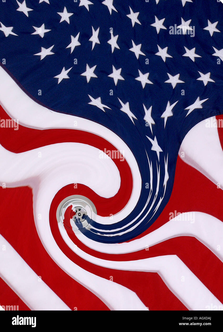 USA Down the Drain?  Photo-Illustration of American flag going down a drain.  Social satire questioning US's position in world Stars and Stripes Stock Photo