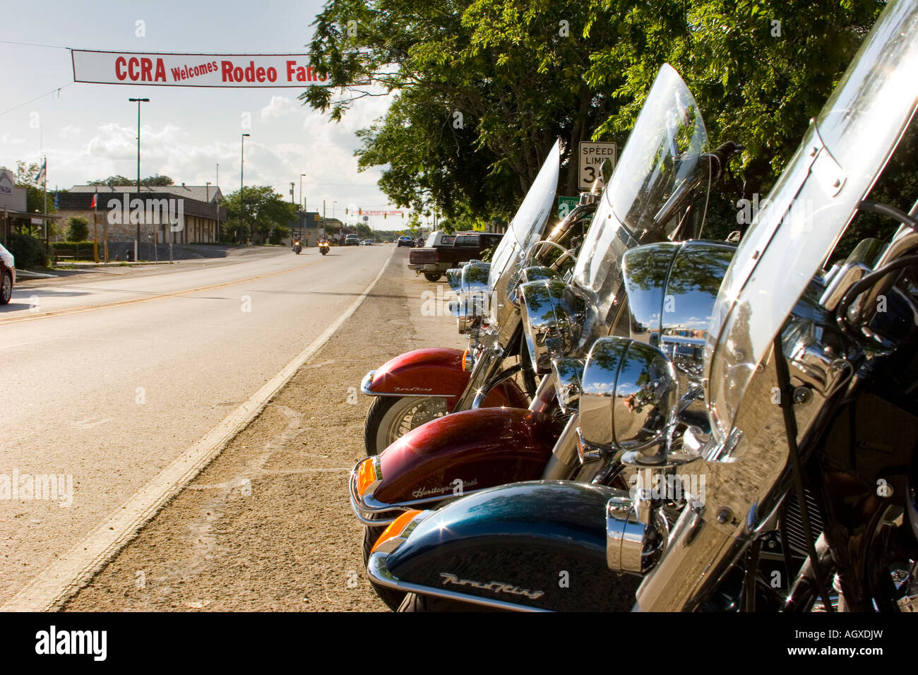 Parked Harley Davidson Motorcycles in Bandera, Texas USA Stock Photo