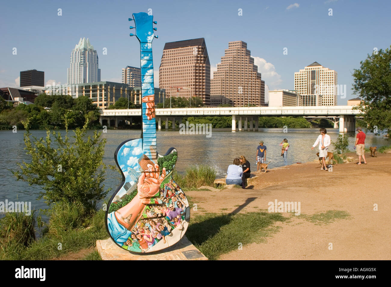 Guitar Sculpture on the Jogging Trails with Austin Skyline at Town Lake