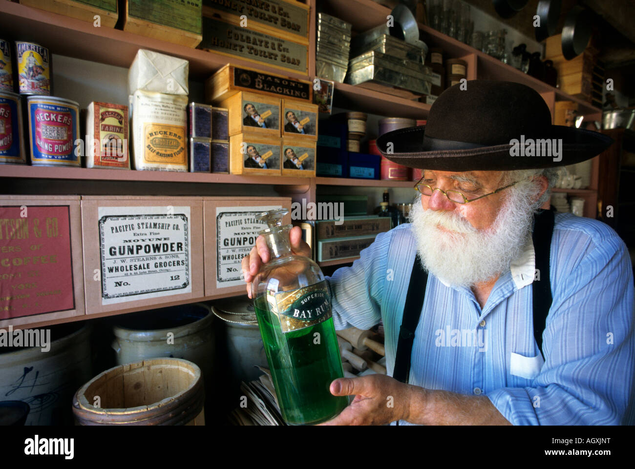LIVING HISTORY INTERPRETER AT OLD WORLD WISCONSIN'S THOMAS GENERAL STORE. EAGLE, WISCONSIN. Stock Photo