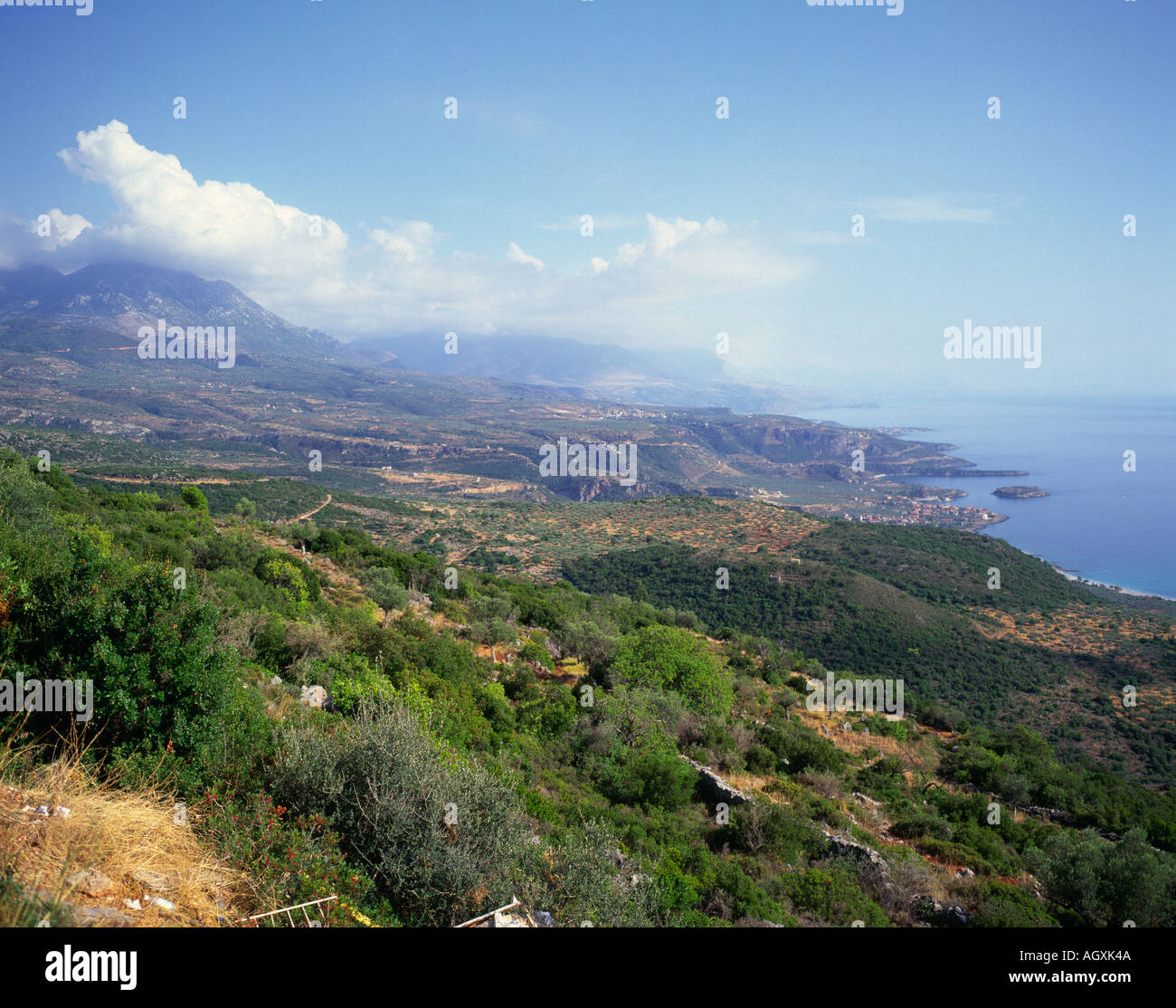 the Taiyettos Mountains looking south near Kardamyli Mani Peninsula Lakonia Peloponnese Greece Stock Photo