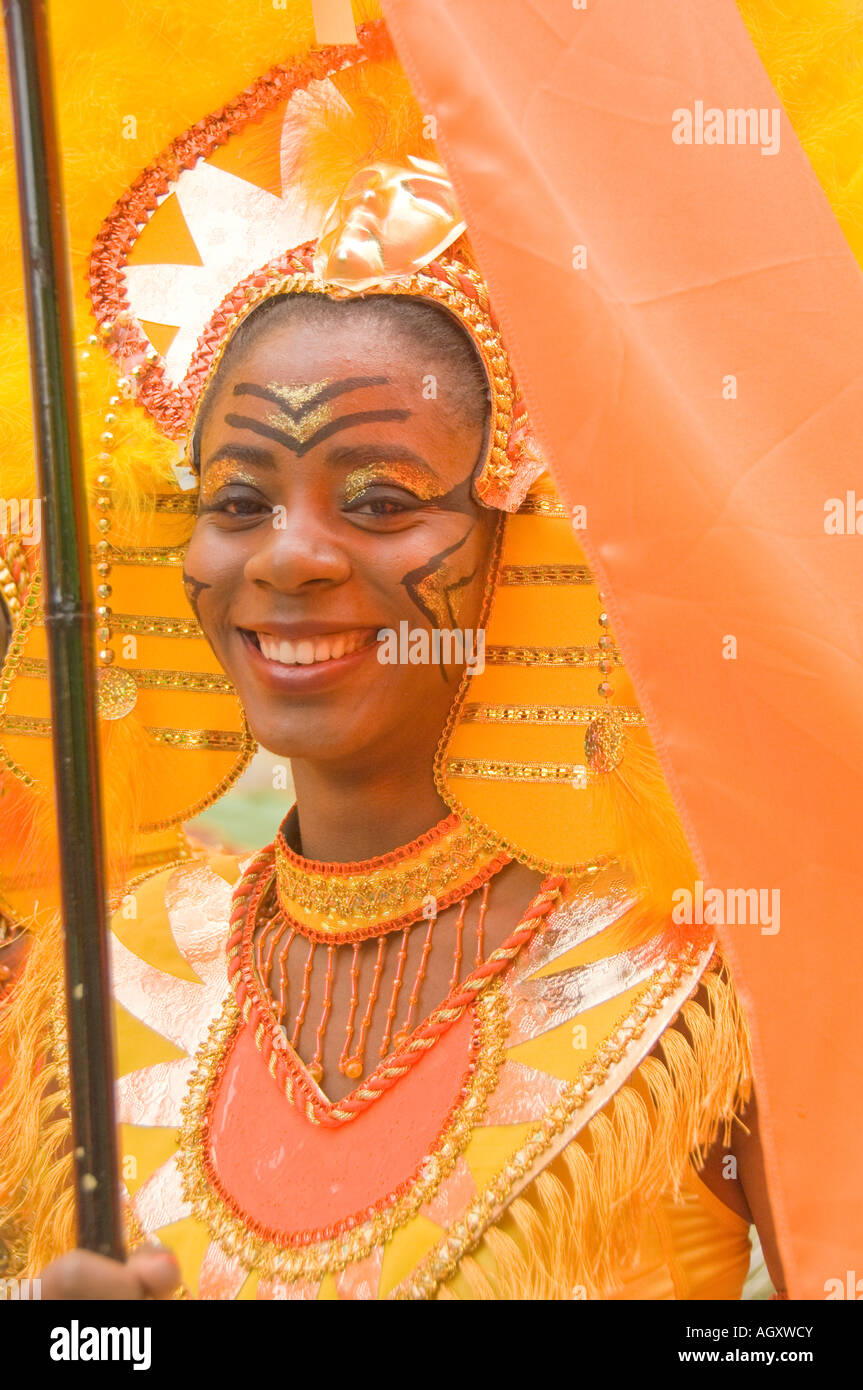 Canada Montreal Quebec Colorful costume paraders marching in the annual