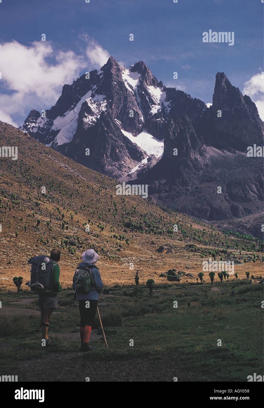 Two climbers view Mount Kenya from the Teleki Valley Kenya East Africa Stock Photo