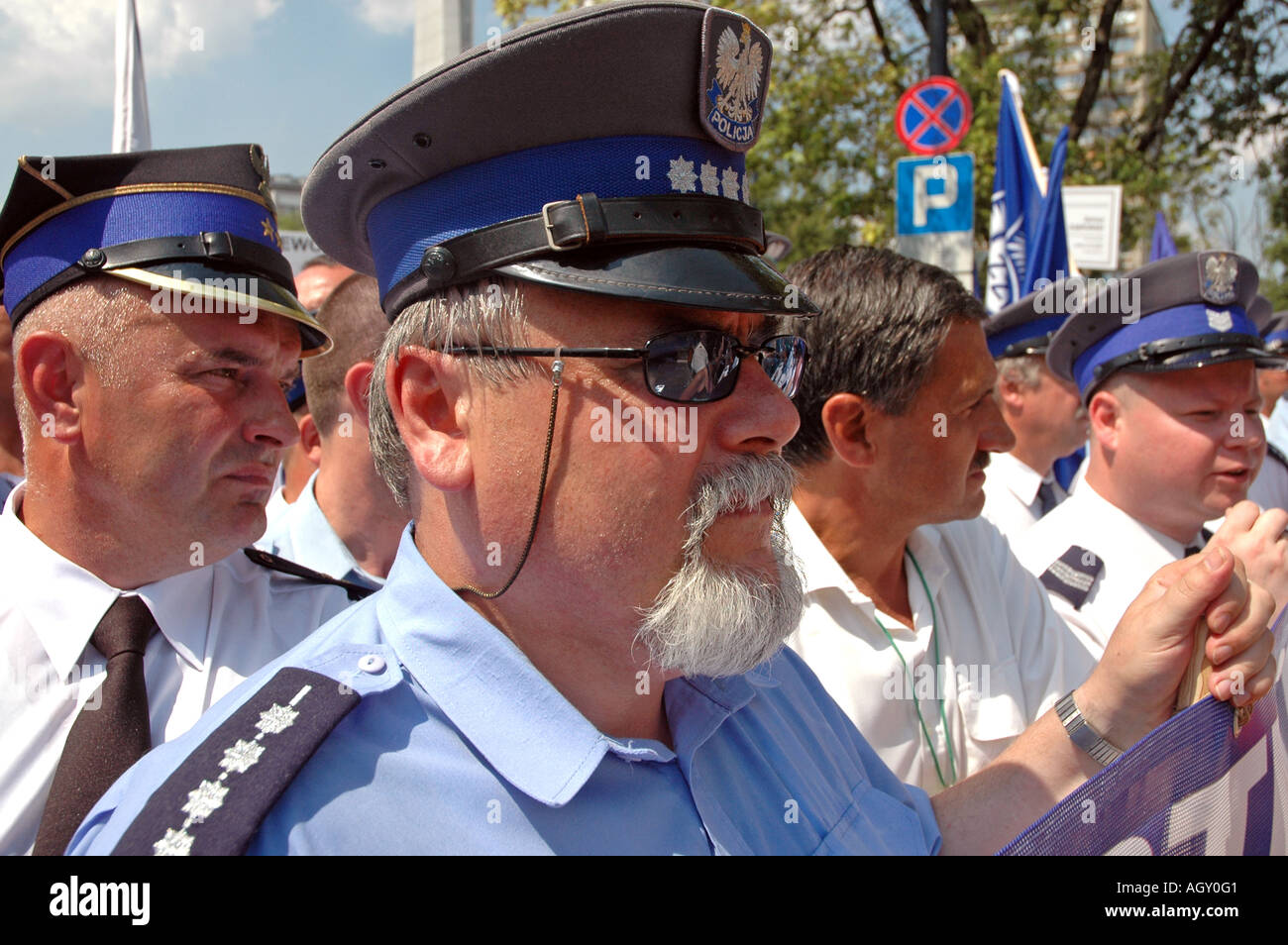 Policeman during protest of polish uniformed services in Warsaw against bad working conditions and low pay Stock Photo