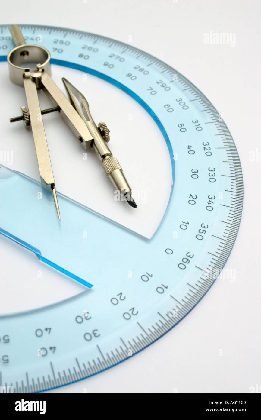 protractor compass precision engineering or architectural drawing instruments Stock Photo