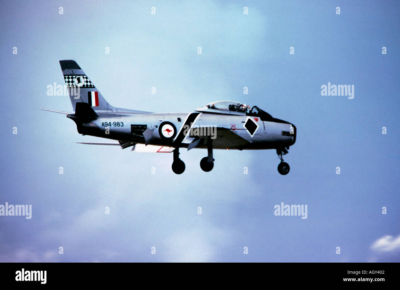 An F86 Sabre Jet  manufactured by North American Aviation Corp in Royal Australian Air Force aerobatic team The Roulettes Stock Photo