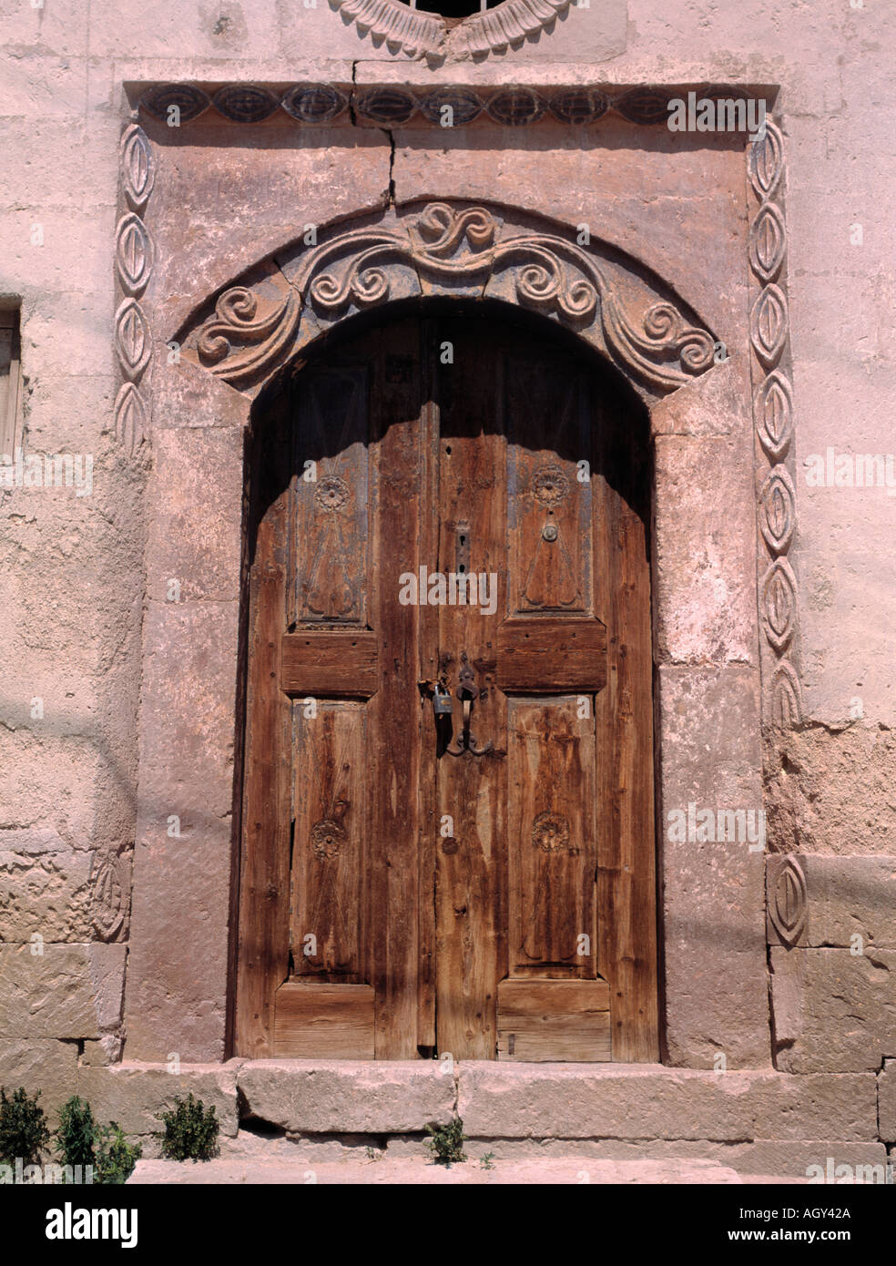 a carved stone doorway in Mustafapasa Stock Photo