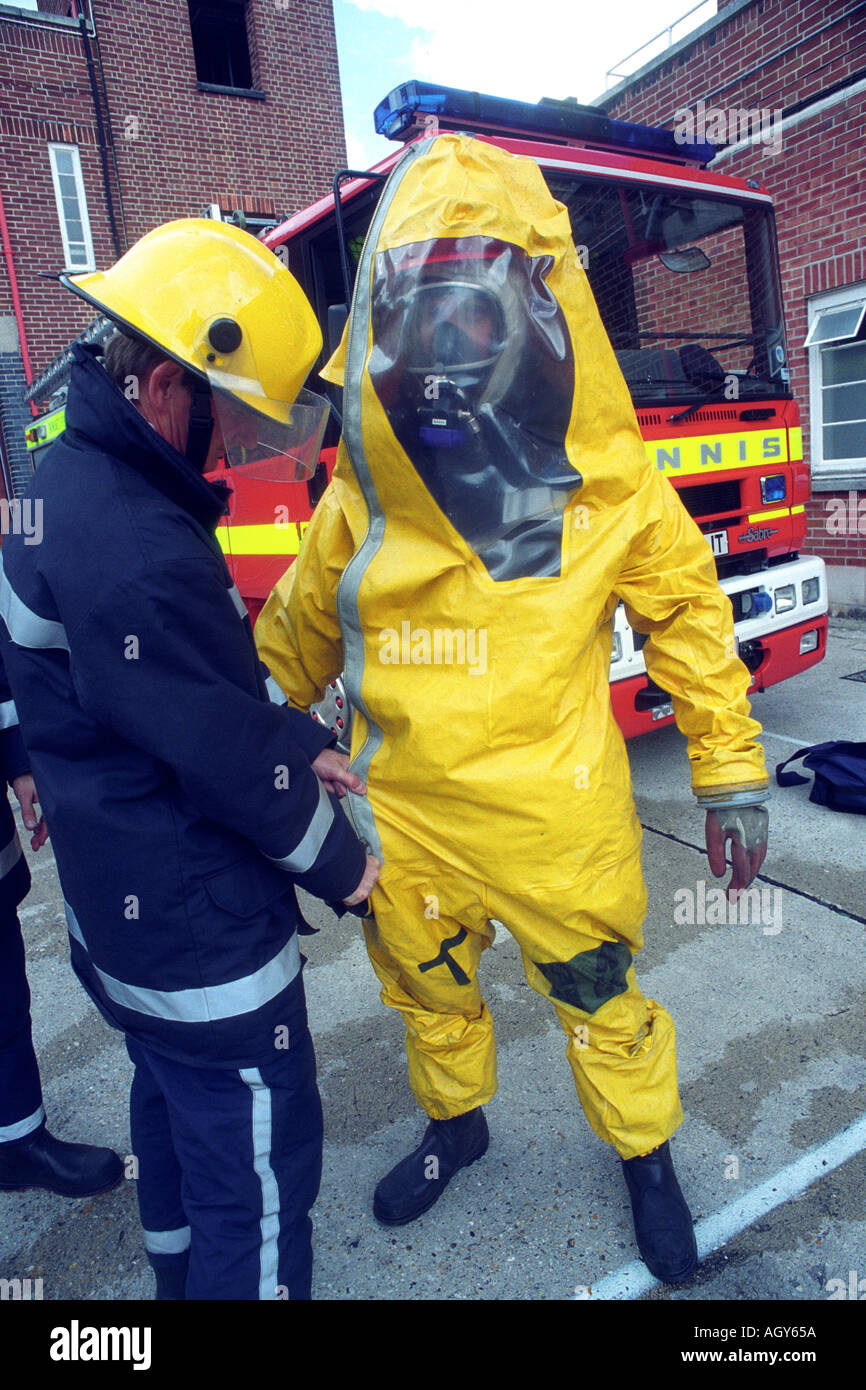 A Firefighter in a chemical and biological protective suit Stock Photo