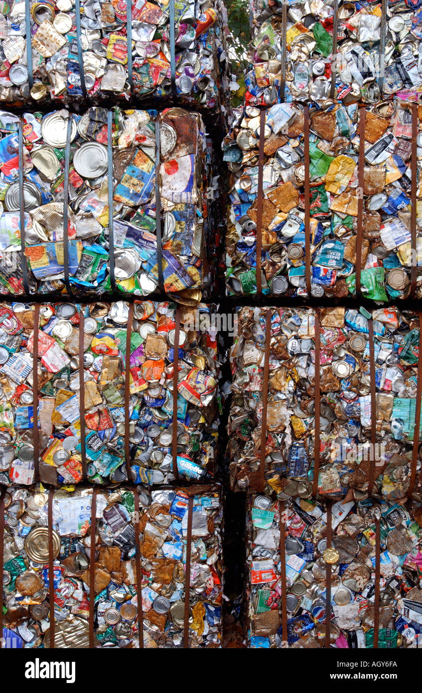 Close up of a stack of crushed tin cans at a recycling centre Stock