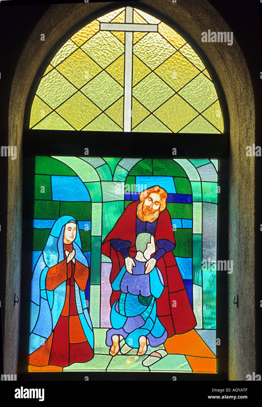 Stain glass window The Prodigal Son Oura Catholic Church Nagasaki Japan Stock Photo