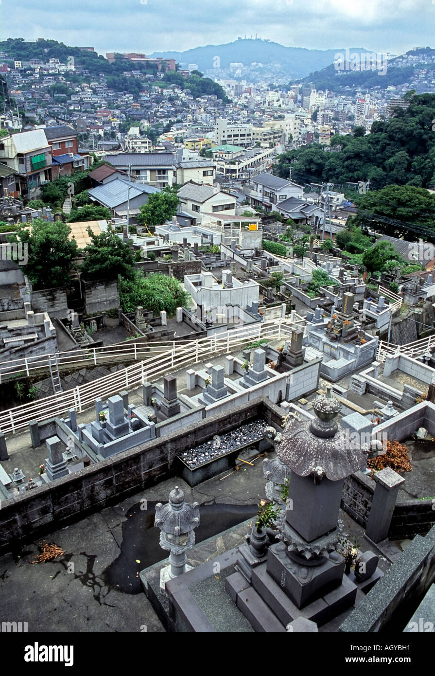 Nagasaki with in the foreground a traditional Japanese graveyard Japan Stock Photo