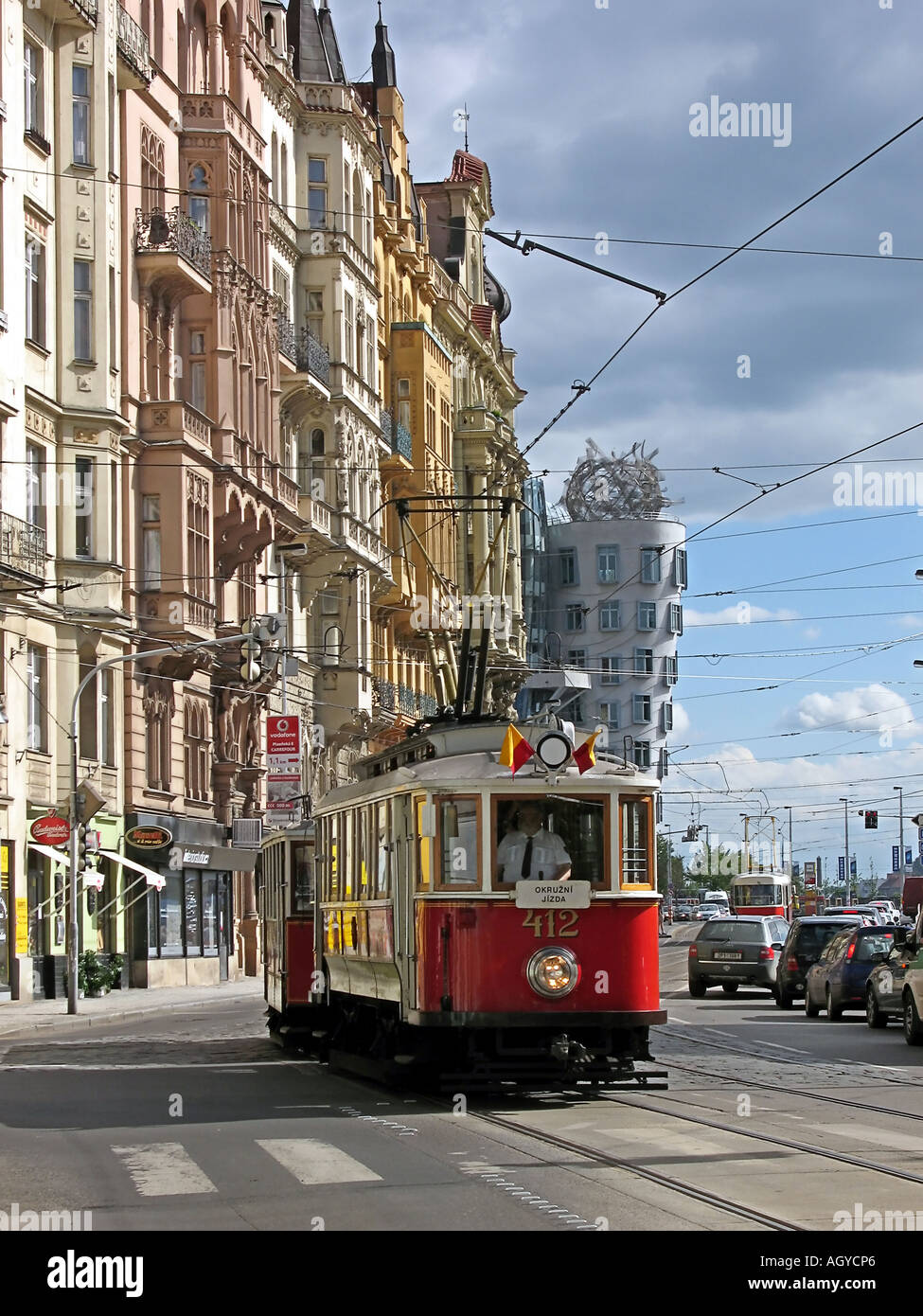 Old tourist tramway on Rasinovo Quay Rasinovo Nabrezi in Nove Mesto New Town Prague CZ Stock Photo