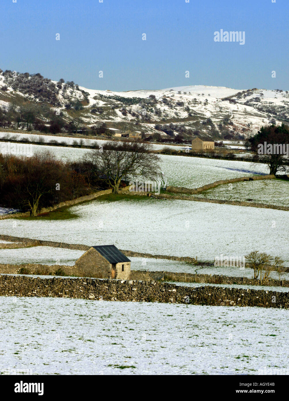 Snow covered landscape near Monsal Head in the Derbyshire Peak District England Stock Photo