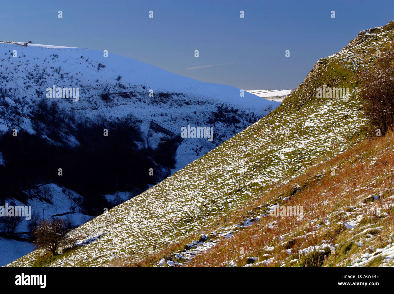 Snow covered landscape near Monsal Head in the Derbyshire Peak District England UK Stock Photo