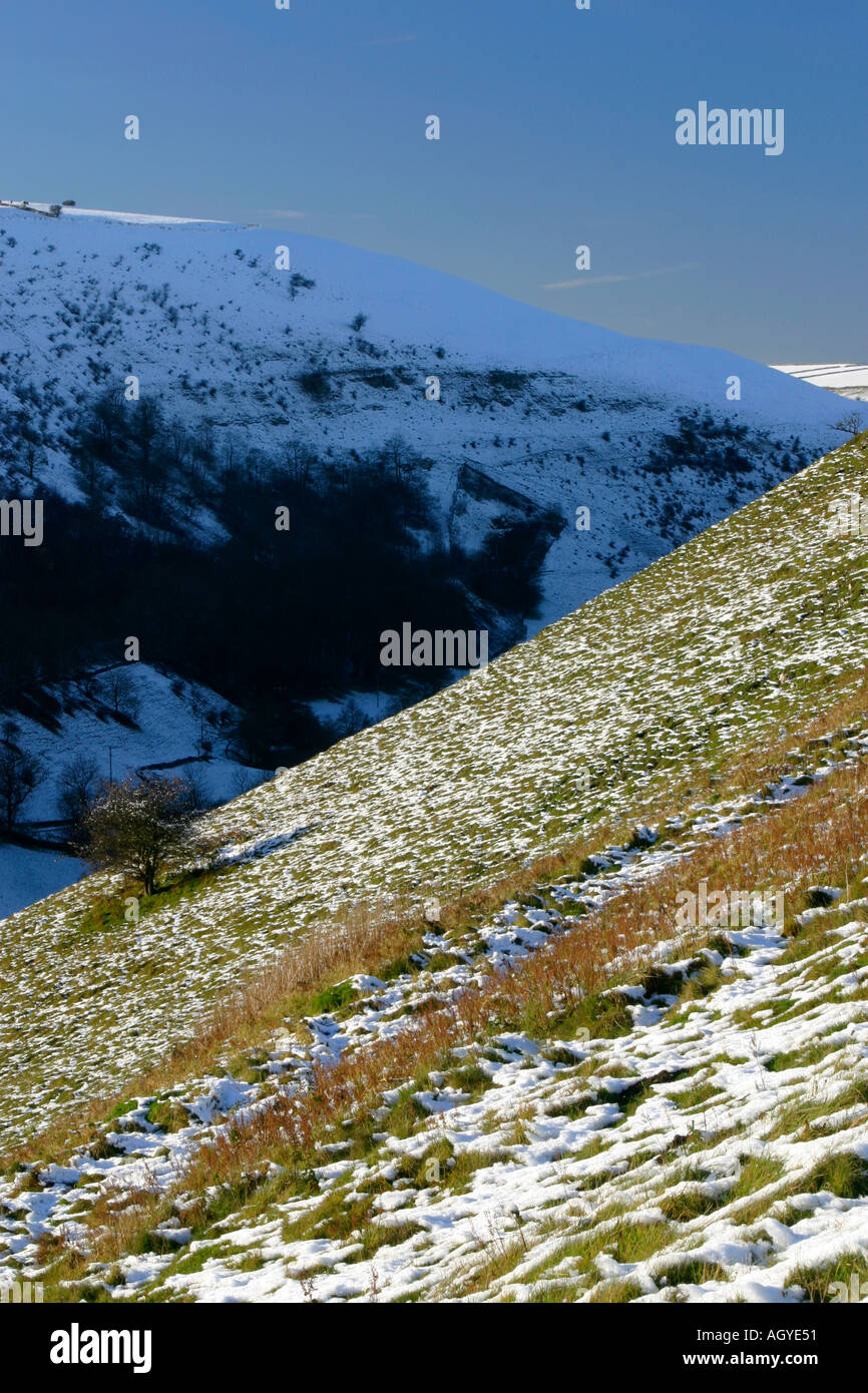 Snow covered landscape near Monsal Head in the Derbyshire Peak District England UK Stock Photo
