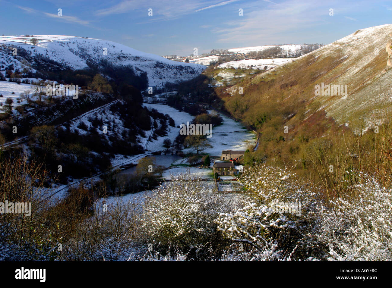 Snow covered landscape from Monsal Head in the Derbyshire Peak District England UK Stock Photo