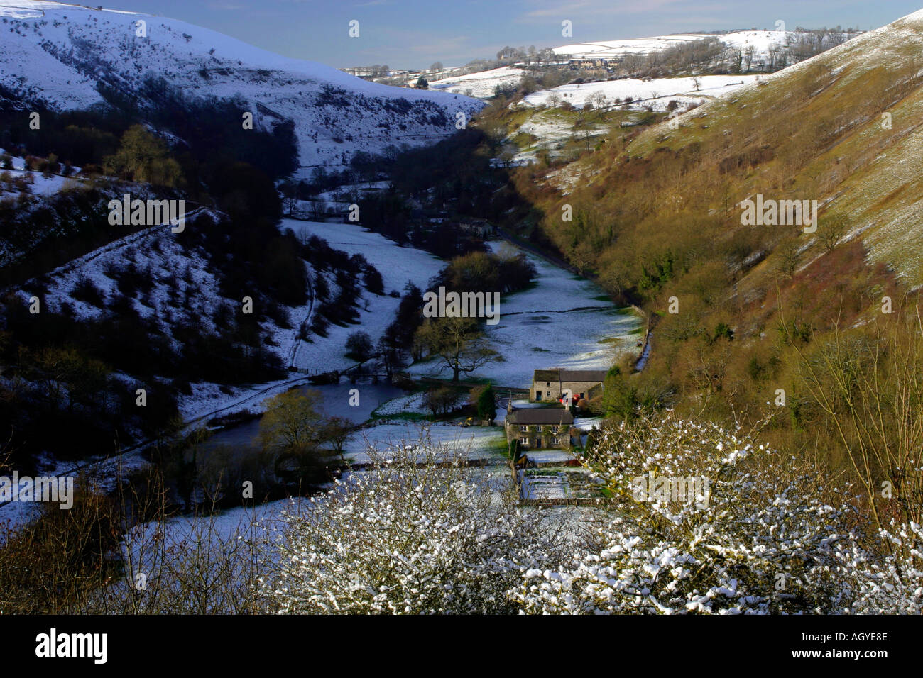 Snow covered landscape from Monsal Head in the Derbyshire Peak District England UK Stock Photo