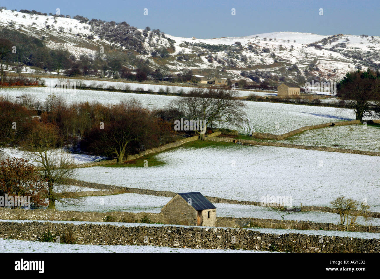 Snow covered landscape near Monsal Head in the Derbyshire Peak District England Stock Photo