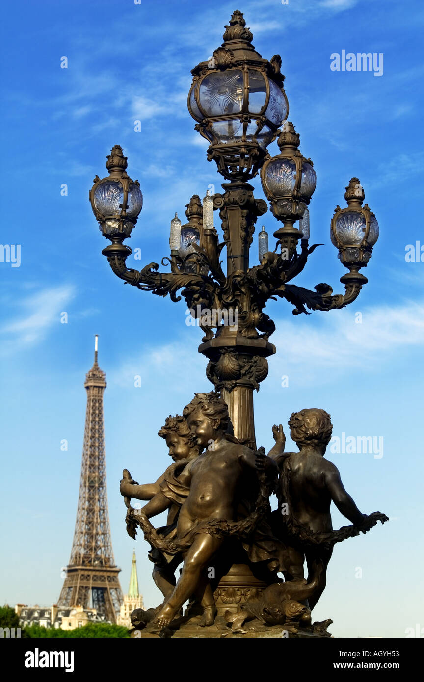 France - Alexandre III bridge and Eiffel Tower at Paris Stock Photo