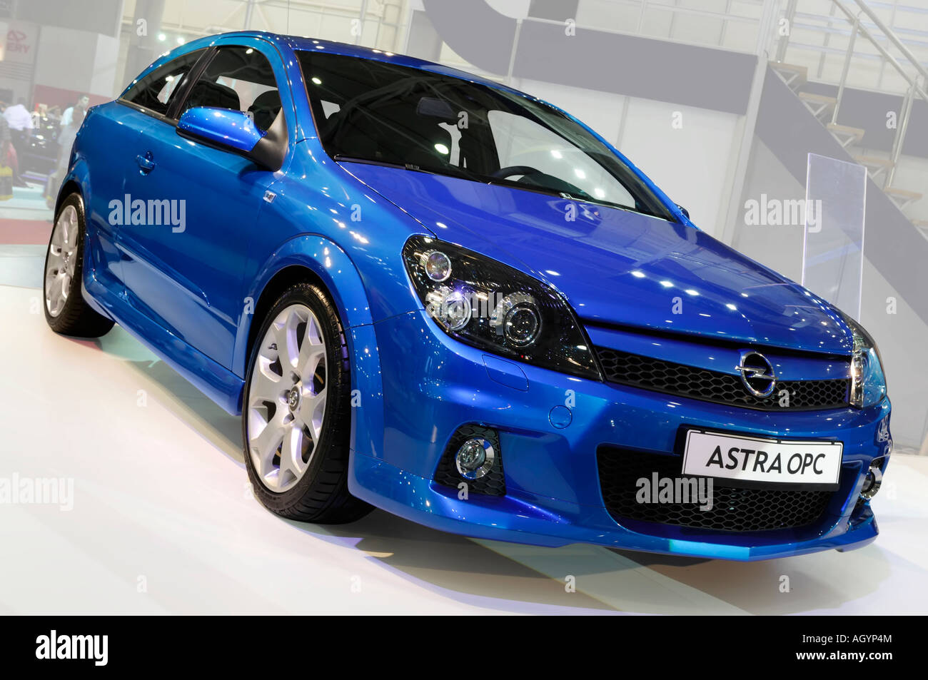 Blue Opel Astra OPC 2006 hatchback car at motor show Stock Photo