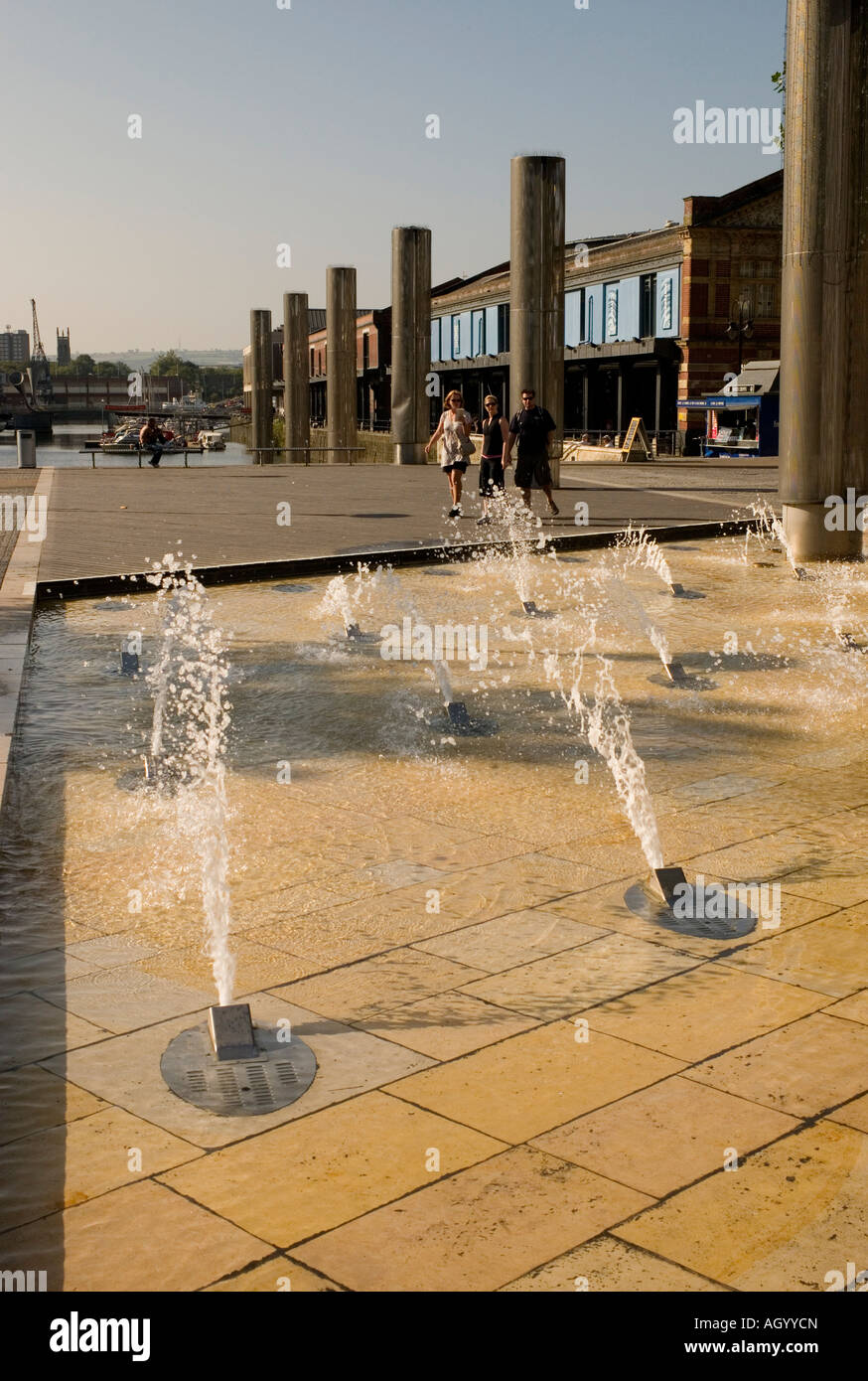 The fountains on Bristol city centre looking towards the harbour and