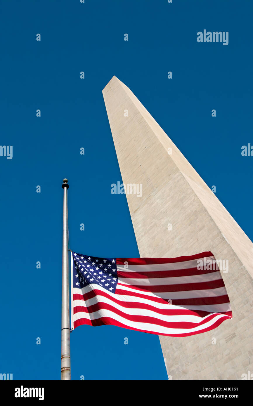 Washington Monument and American Flag, The Mall, Washington DC, USA Stock Photo