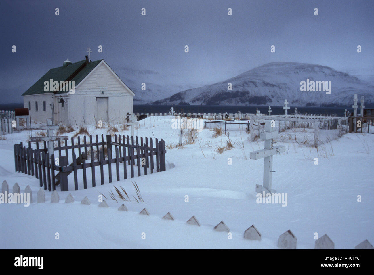 Russian orthodox church and graveyard Aleutian Islands Alaska Church burned down in 1999 Stock Photo