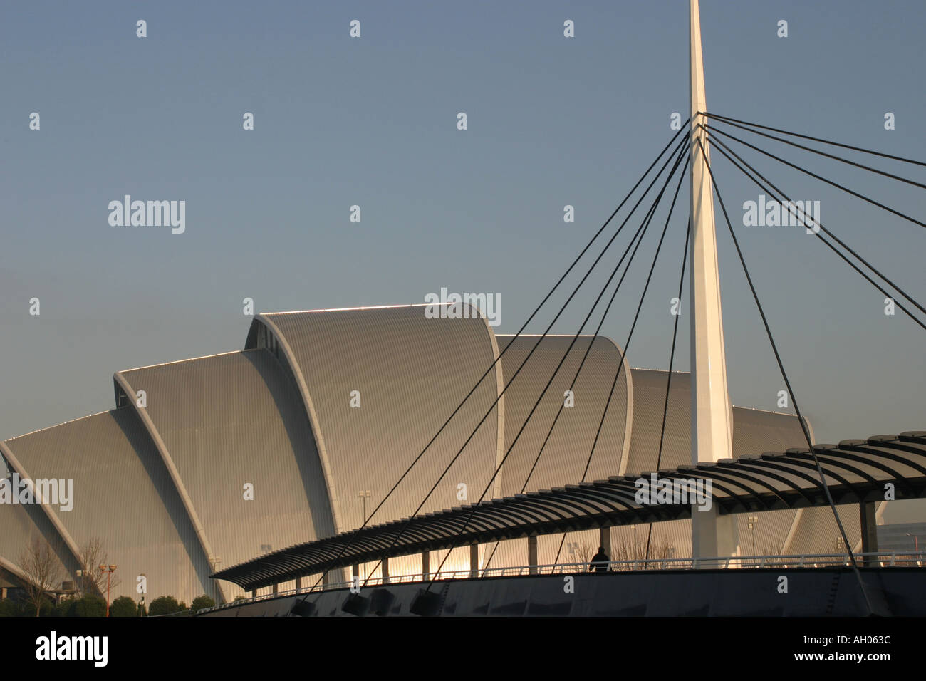 The Glasgow Armadilo and the Bells bridge viewed from the South bank of the river Clyde Stock Photo