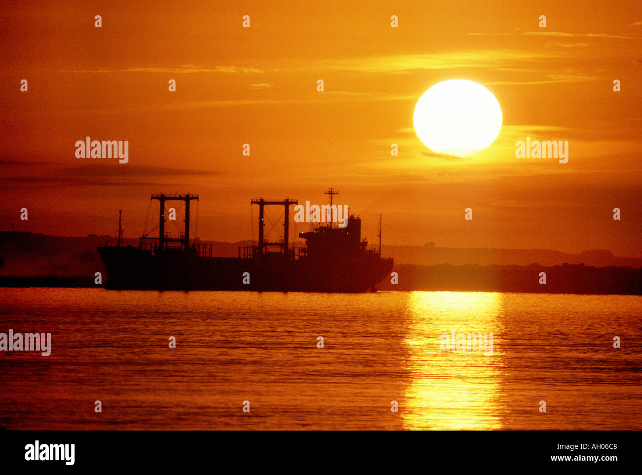 Ship at Anchor Amazon River Sunrise Brazil South America Stock Photo