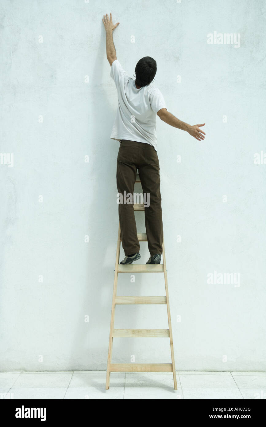 Man standing on ladder, arm raised, rear view Stock Photo - Alamy