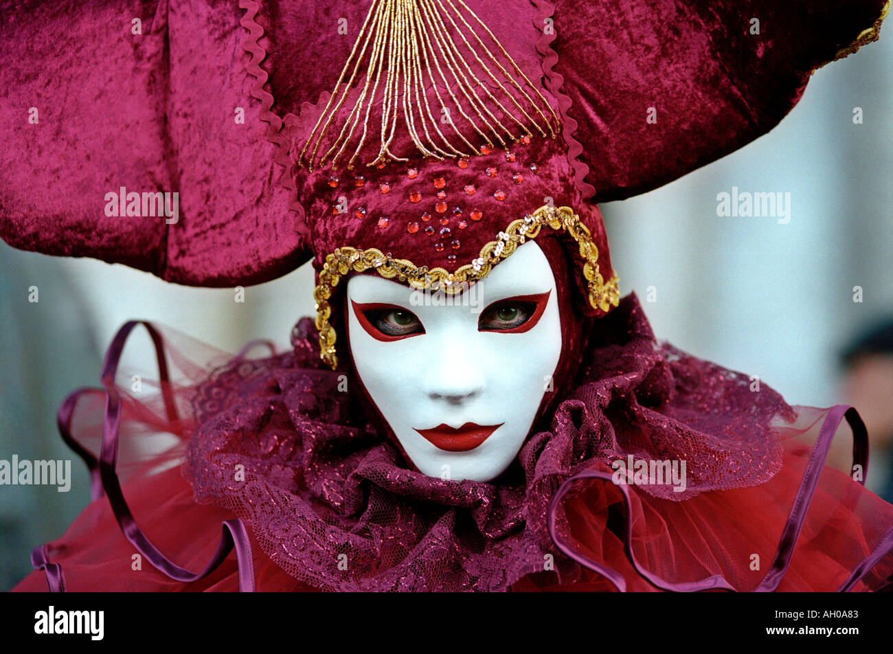 Person wearing costume and mask at Venice carnival Italy Europe Stock