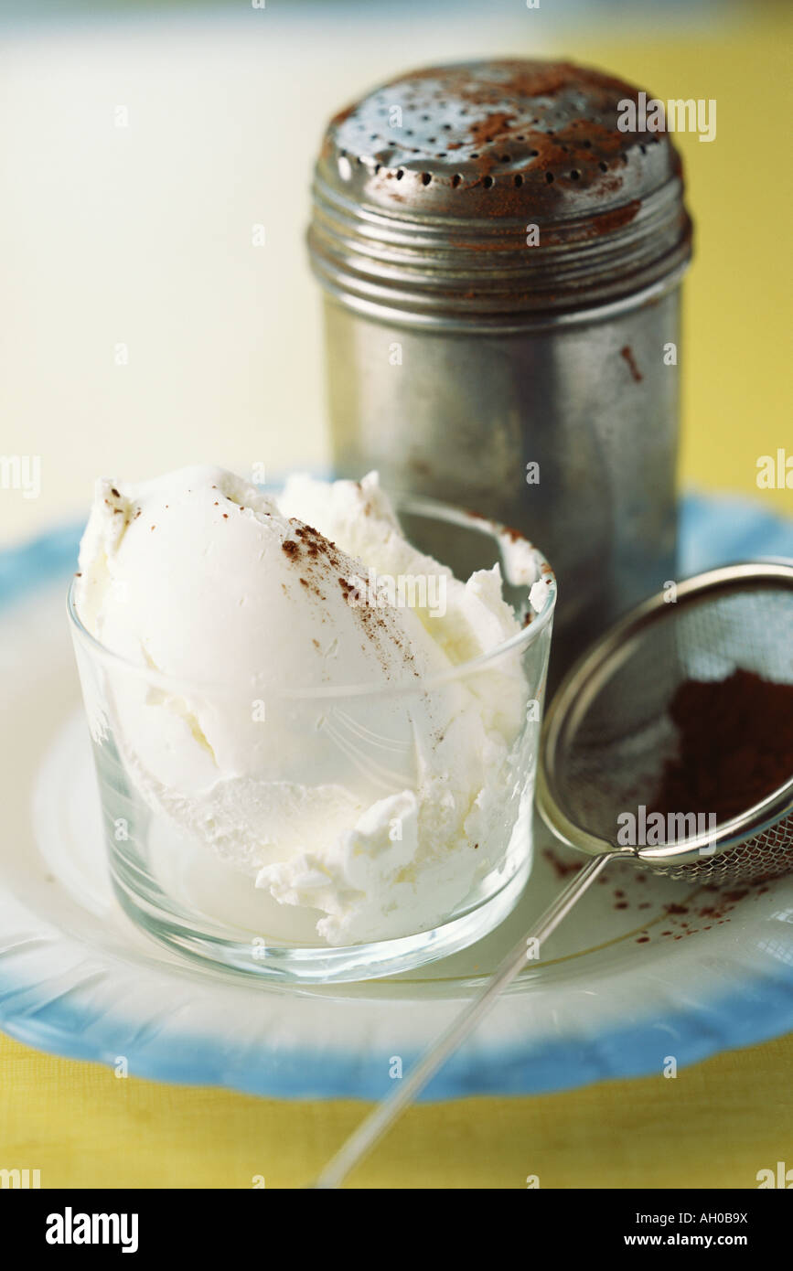Vanilla ice cream with cocoa powder sprinkled on top, next to shaker and sieve Stock Photo Alamy