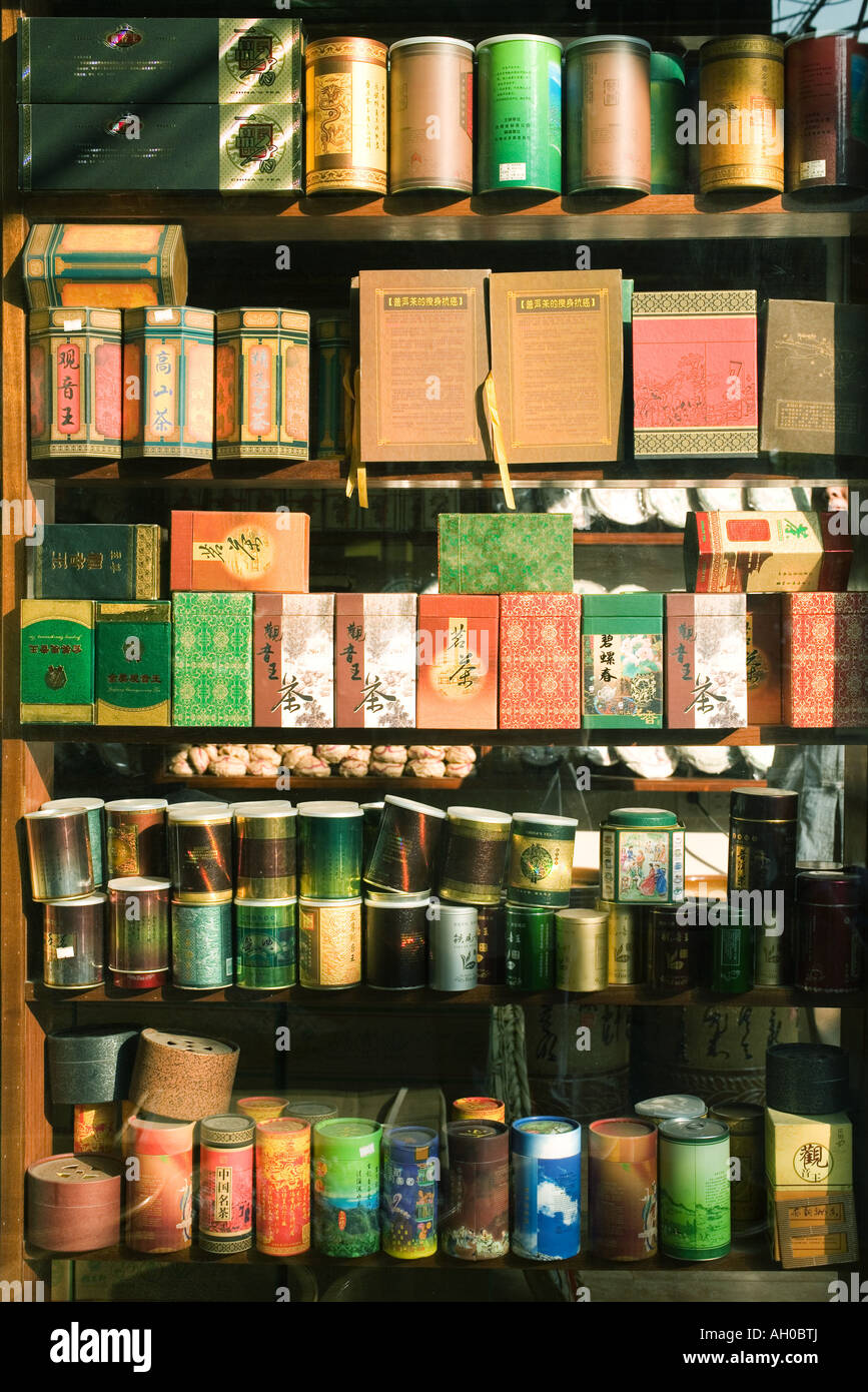 Teas on shelf in tea shop Stock Photo Alamy