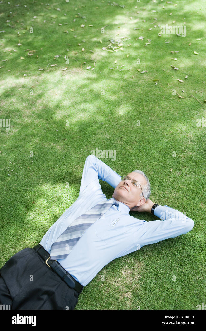 Businessman lying on grass with hands behind head Stock Photo Alamy