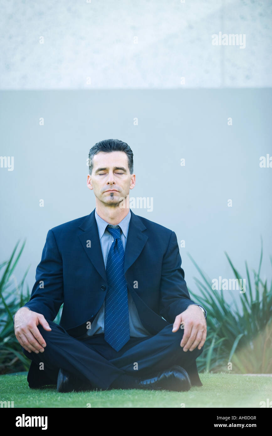 Businessman sitting cross-legged on grass, eyes closed Stock Photo - Alamy